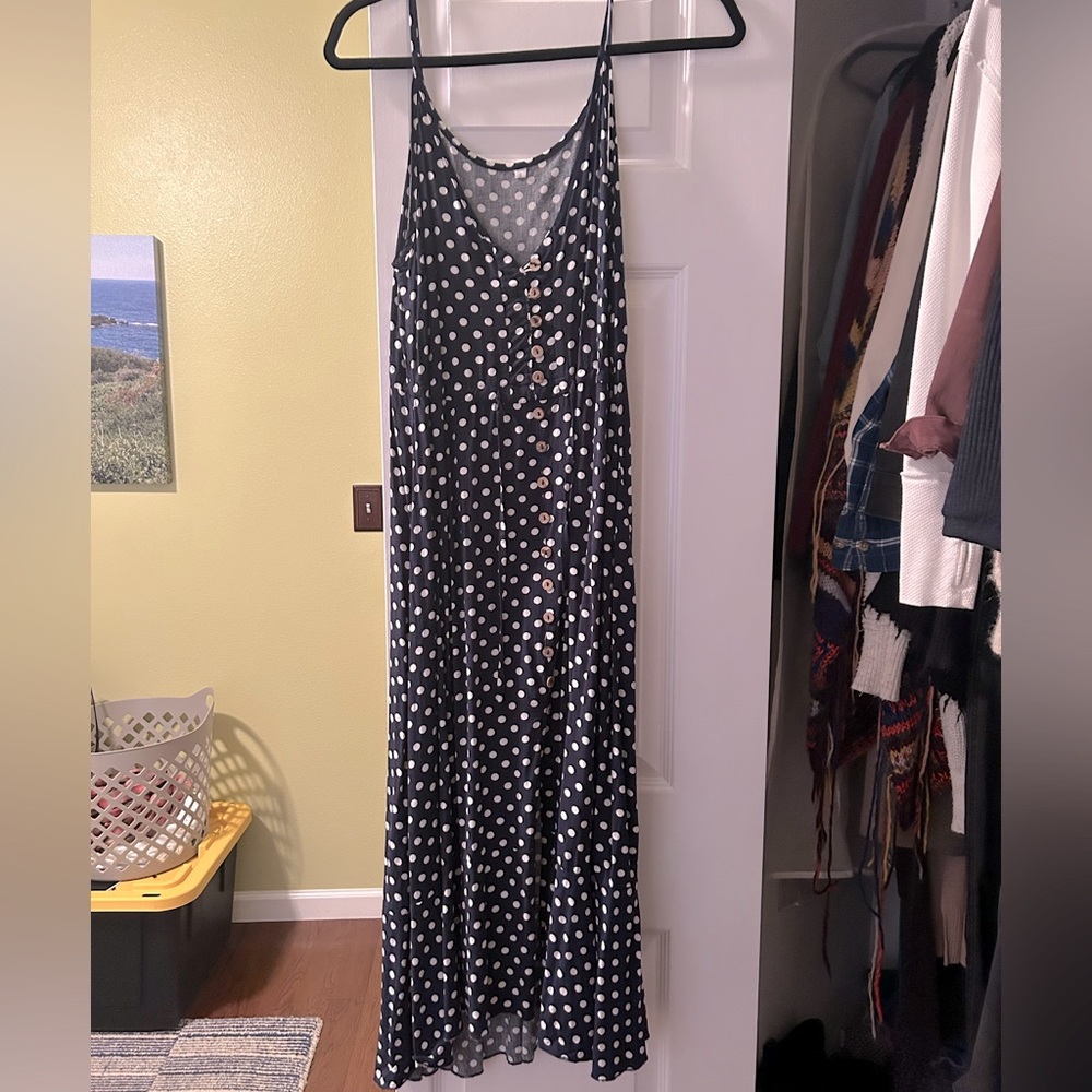 Navy Blue Polka Dot Bohemian Midi Dress
